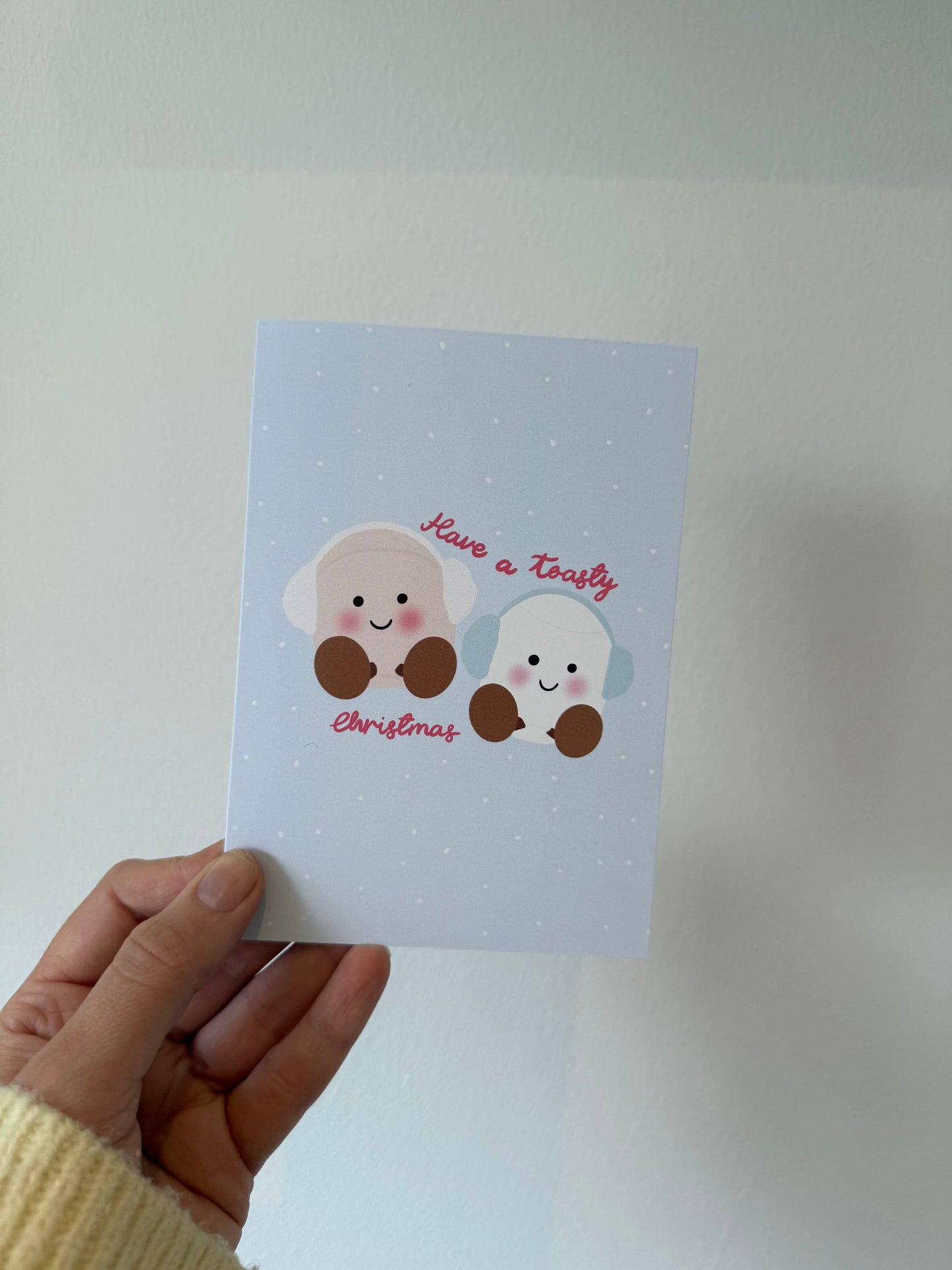Gallerybylara - "Have a toasty Christmas" card. Cuddly toy. A6. Marshmallows
