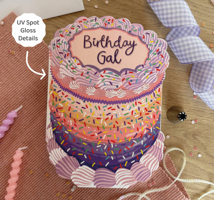 Two For Joy Illustration - Birthday Gal - Birthday Cake Shaped Greeting Card