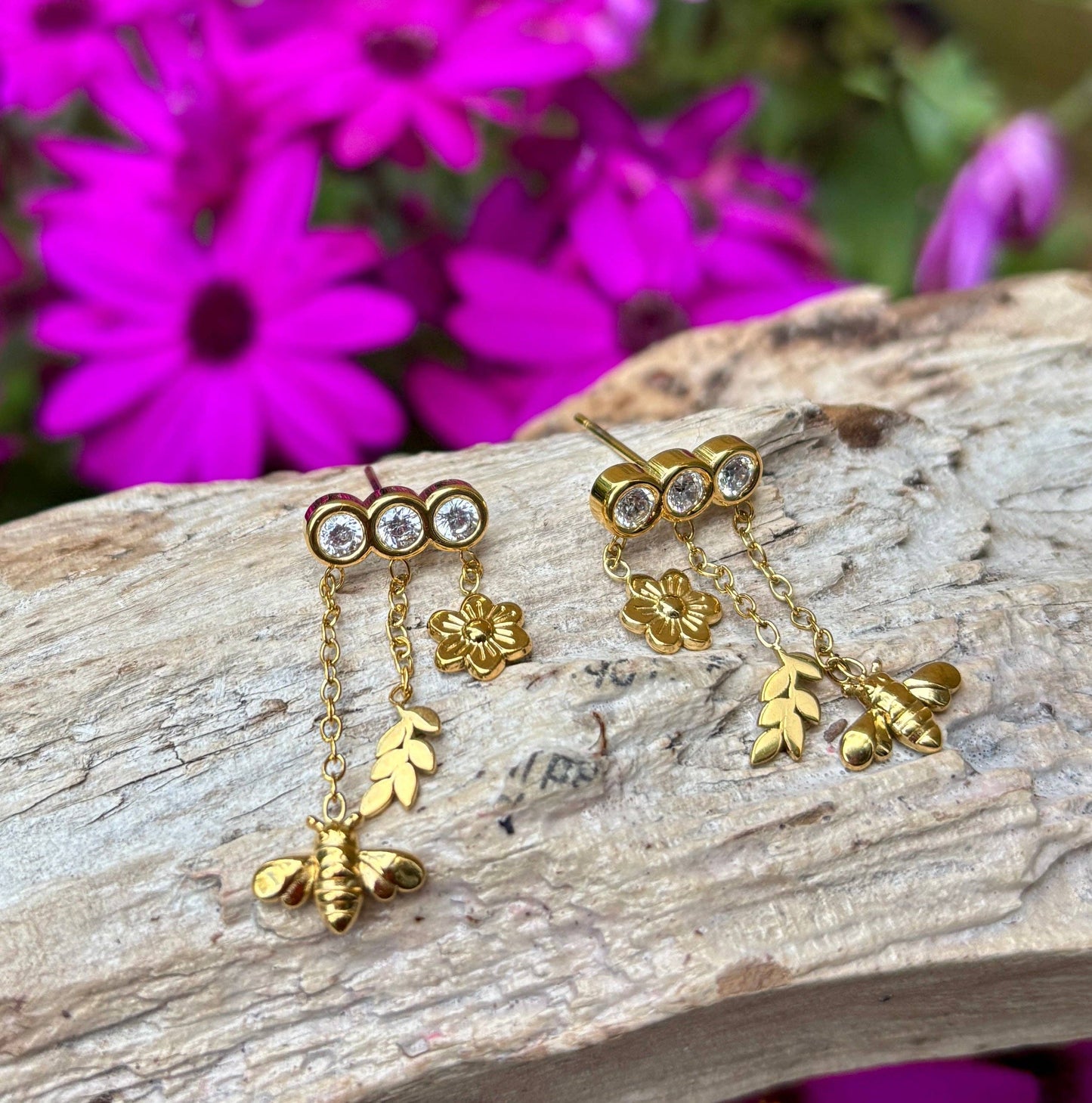Ocean Ripples - 18ct Gold Plated Cubic Zirconia Honeybee Charm Drop Earrings