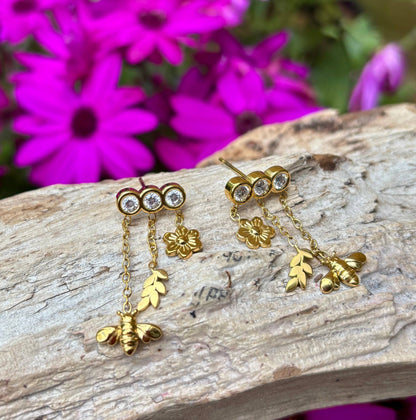 Ocean Ripples - 18ct Gold Plated Cubic Zirconia Honeybee Charm Drop Earrings