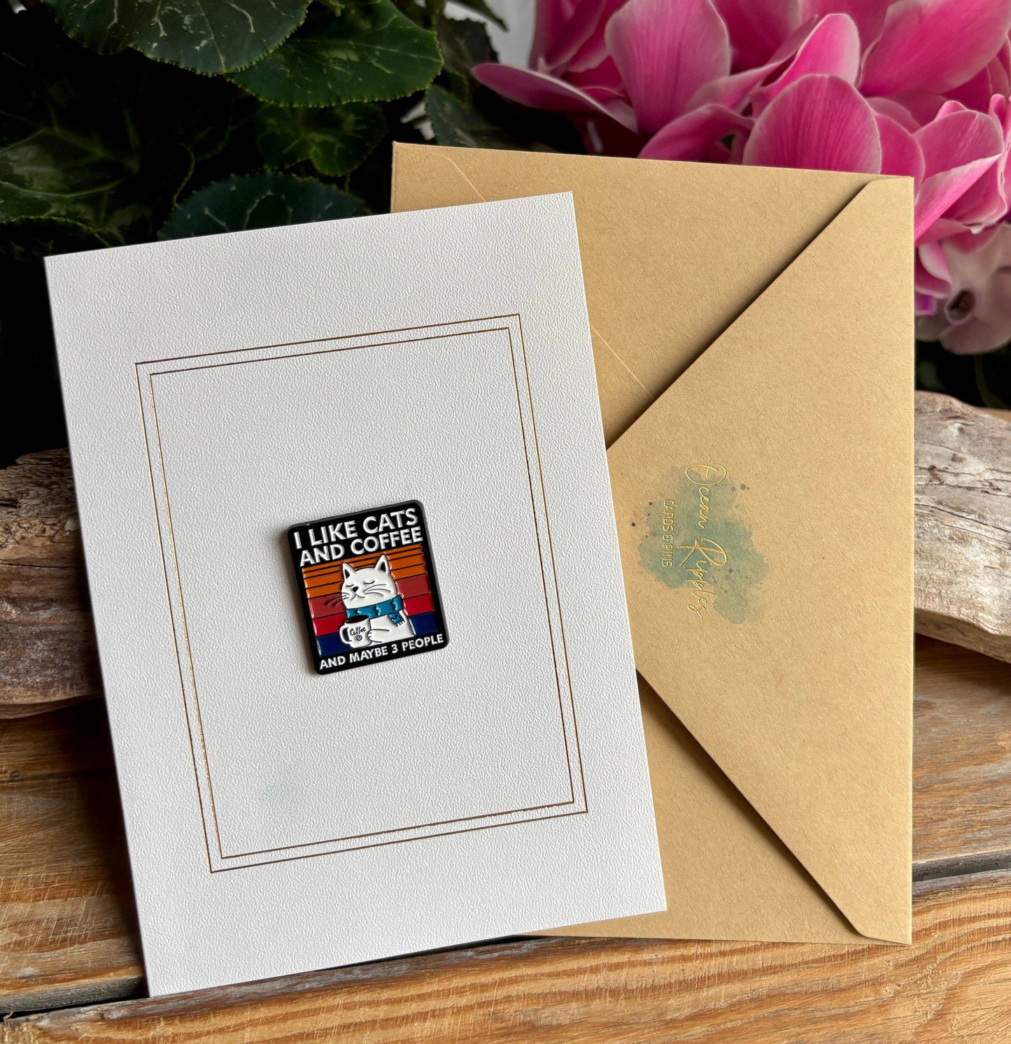 Ocean Ripples - I Like Cats And Coffee... Pin Badge Card