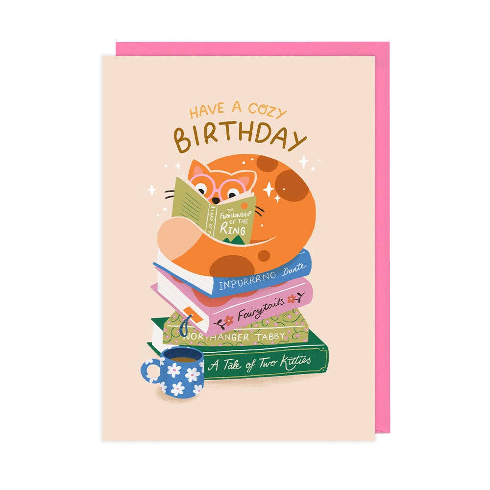 Hopscotch Paper Co. - Cat & Books Birthday Card, Cute & Unique Birthday Card
