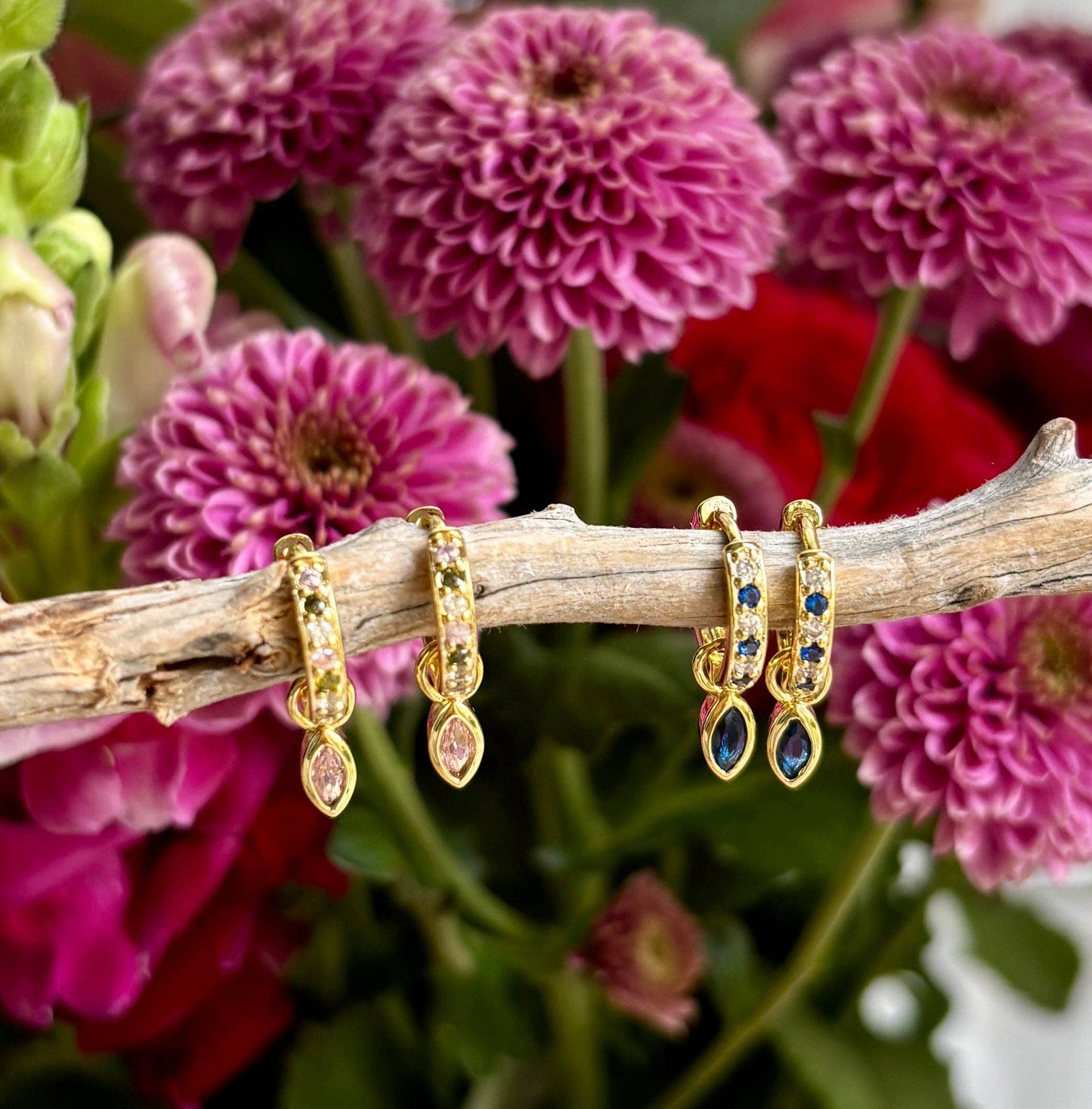 Ocean Ripples - 18ct Gold Plated Cubic Zirconia Drop Huggie Earrings