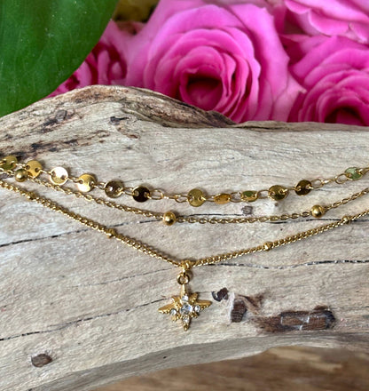 Ocean Ripples - 18ct Gold Plated Triple Chain Star Necklace 