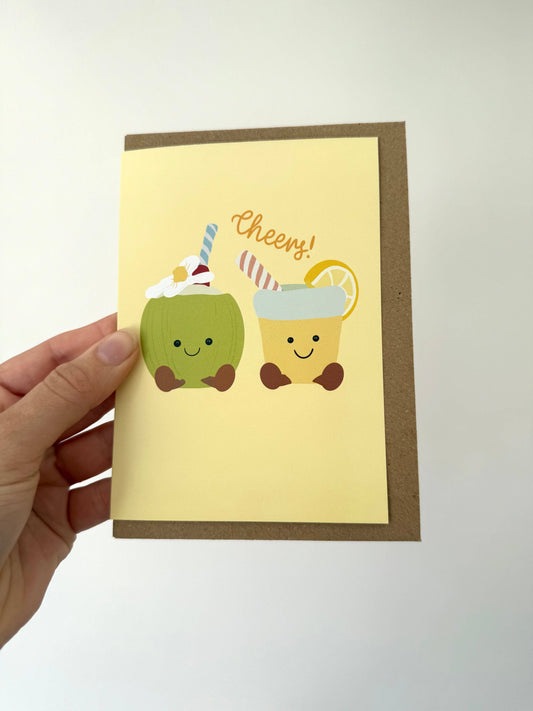 Gallerybylara - "cheers" greeting card. A6. Summer drinks. Cuddly toy
