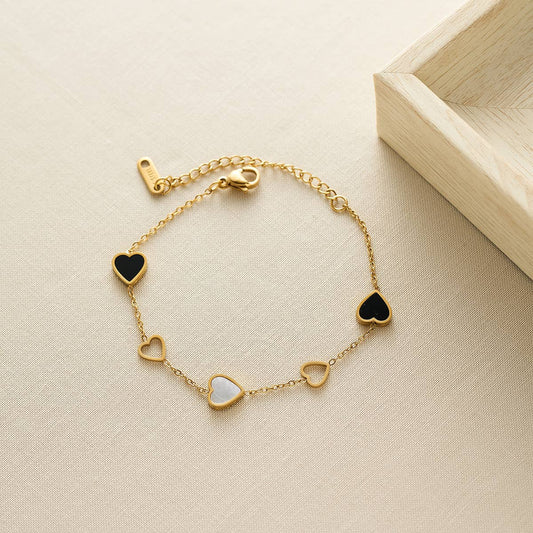 White Leaf - Solid & Open Heart Bracelet in Pearl, Black and Gold