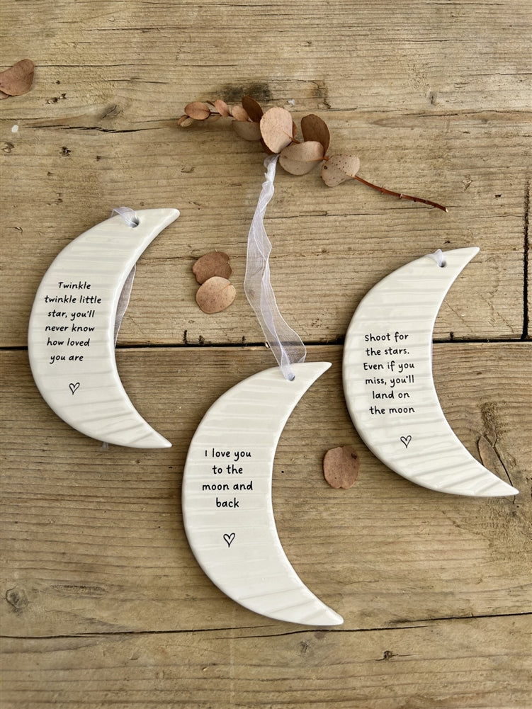 Porcelain hanging crescent moon with choice of 3 slogans