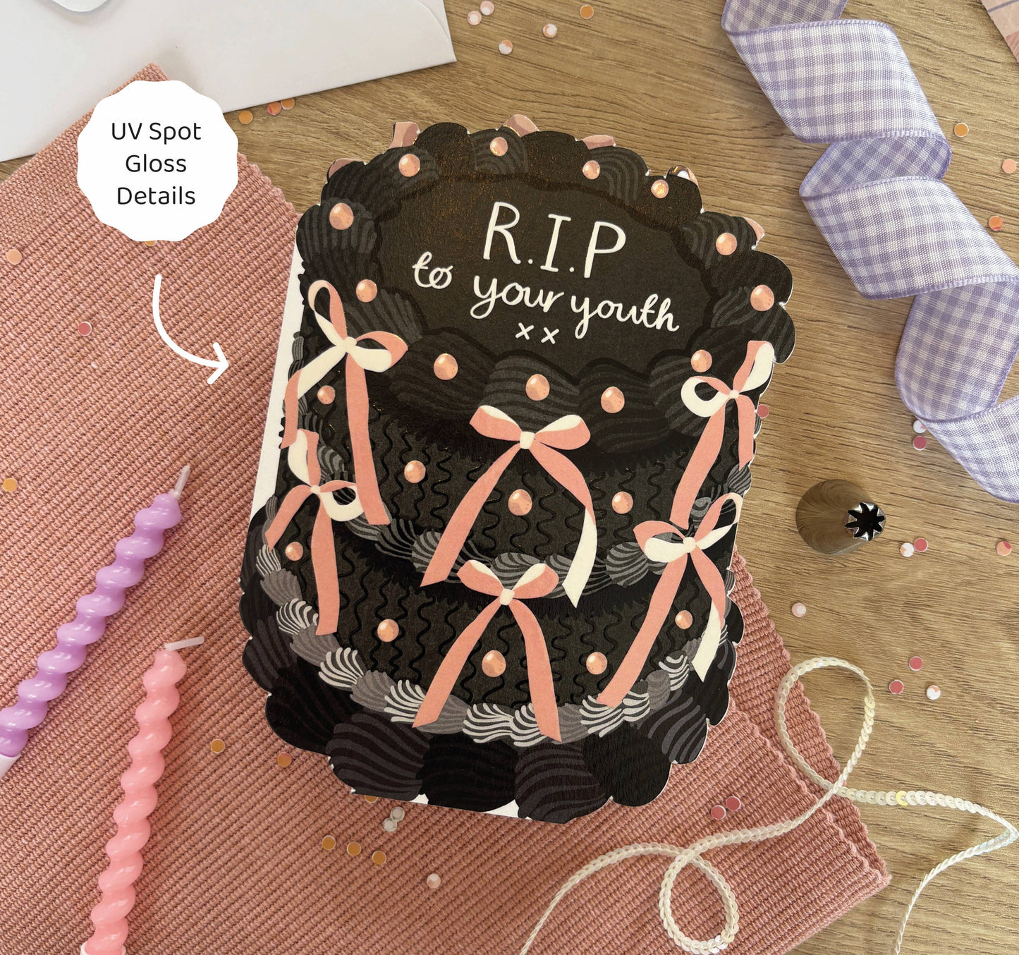 Two For Joy Illustration - RIP to your youth - Birthday Cake Shaped Greeting Card