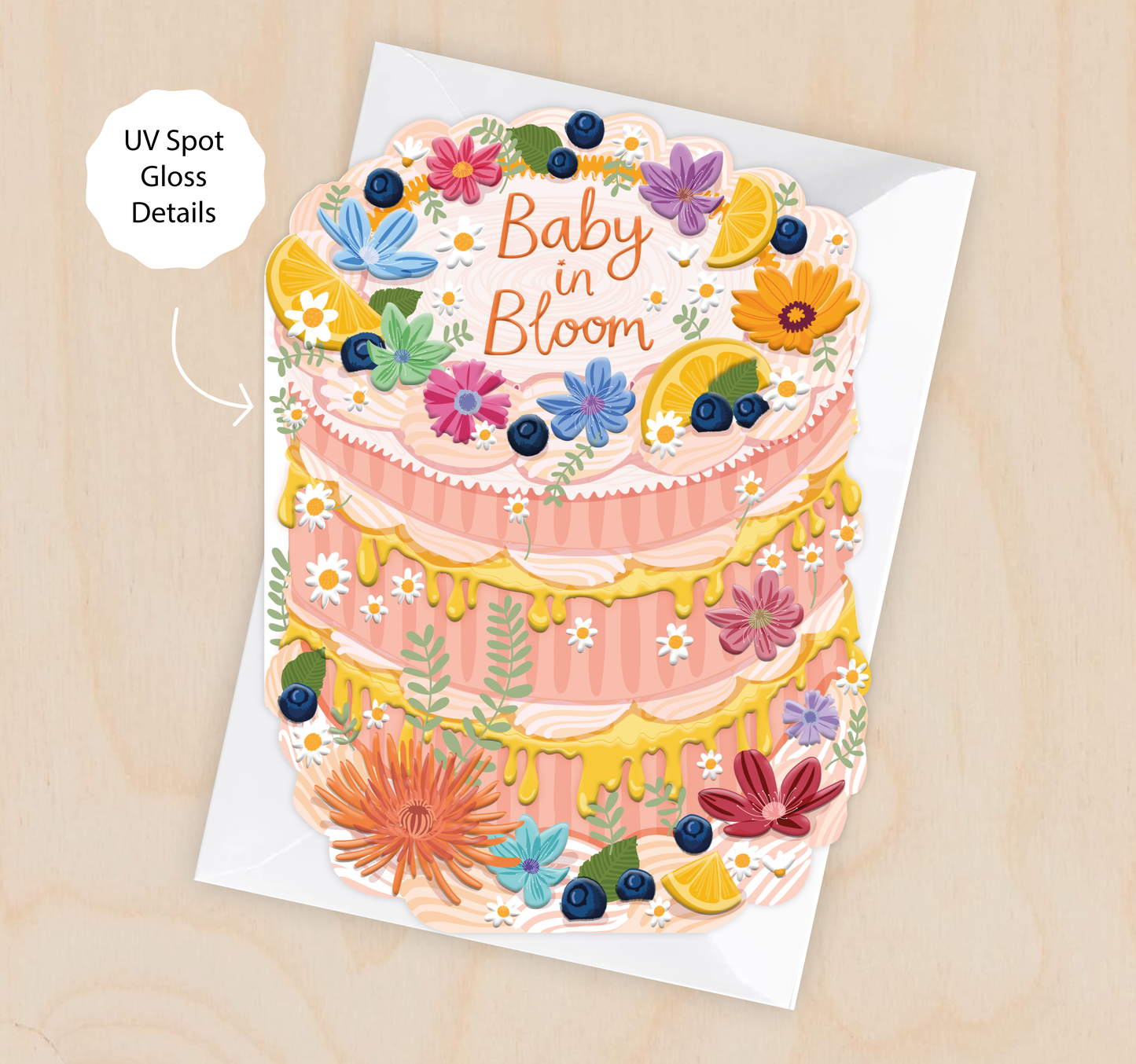 Two For Joy Illustration - Baby in Bloom - Cake Shaped Greeting Card for Baby Shower