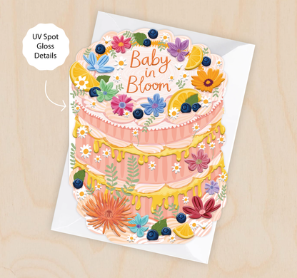 Two For Joy Illustration - Baby in Bloom - Cake Shaped Greeting Card for Baby Shower