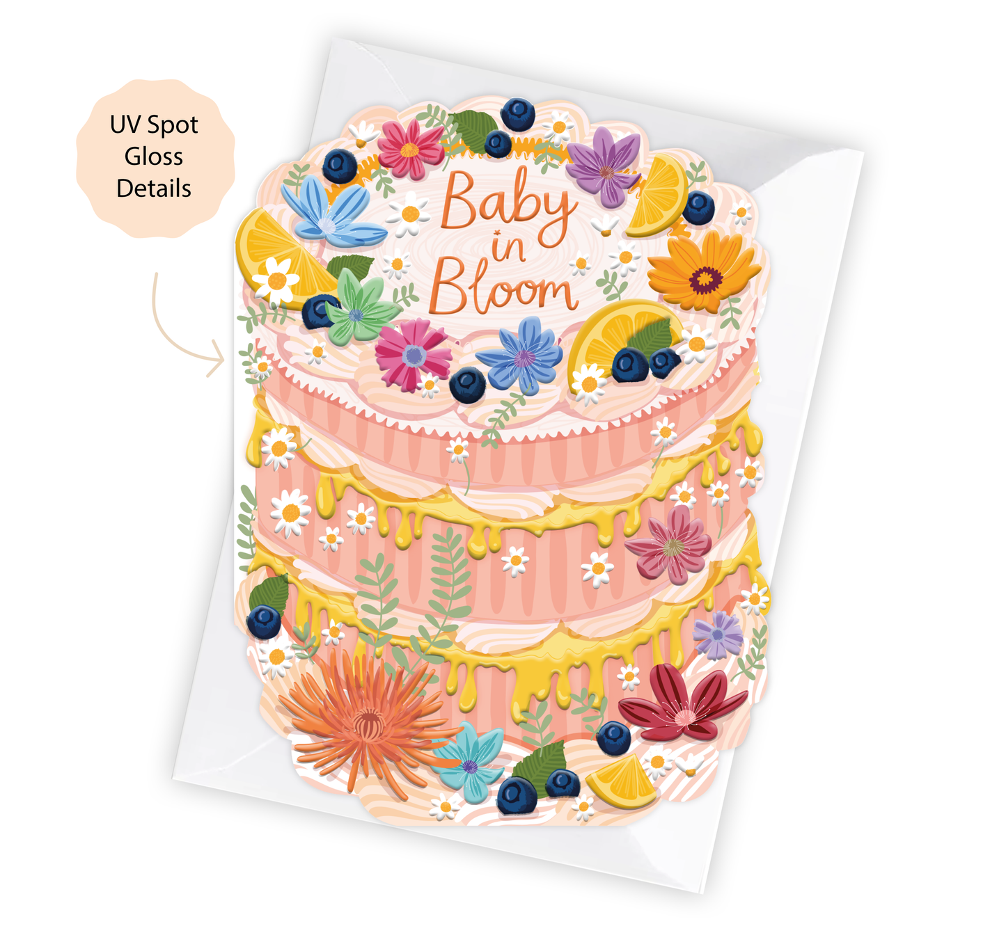 Two For Joy Illustration - Baby in Bloom - Cake Shaped Greeting Card for Baby Shower