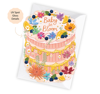 Two For Joy Illustration - Baby in Bloom - Cake Shaped Greeting Card for Baby Shower