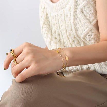 White Leaf - Heart Charm Dual Chain Bracelet in Gold
