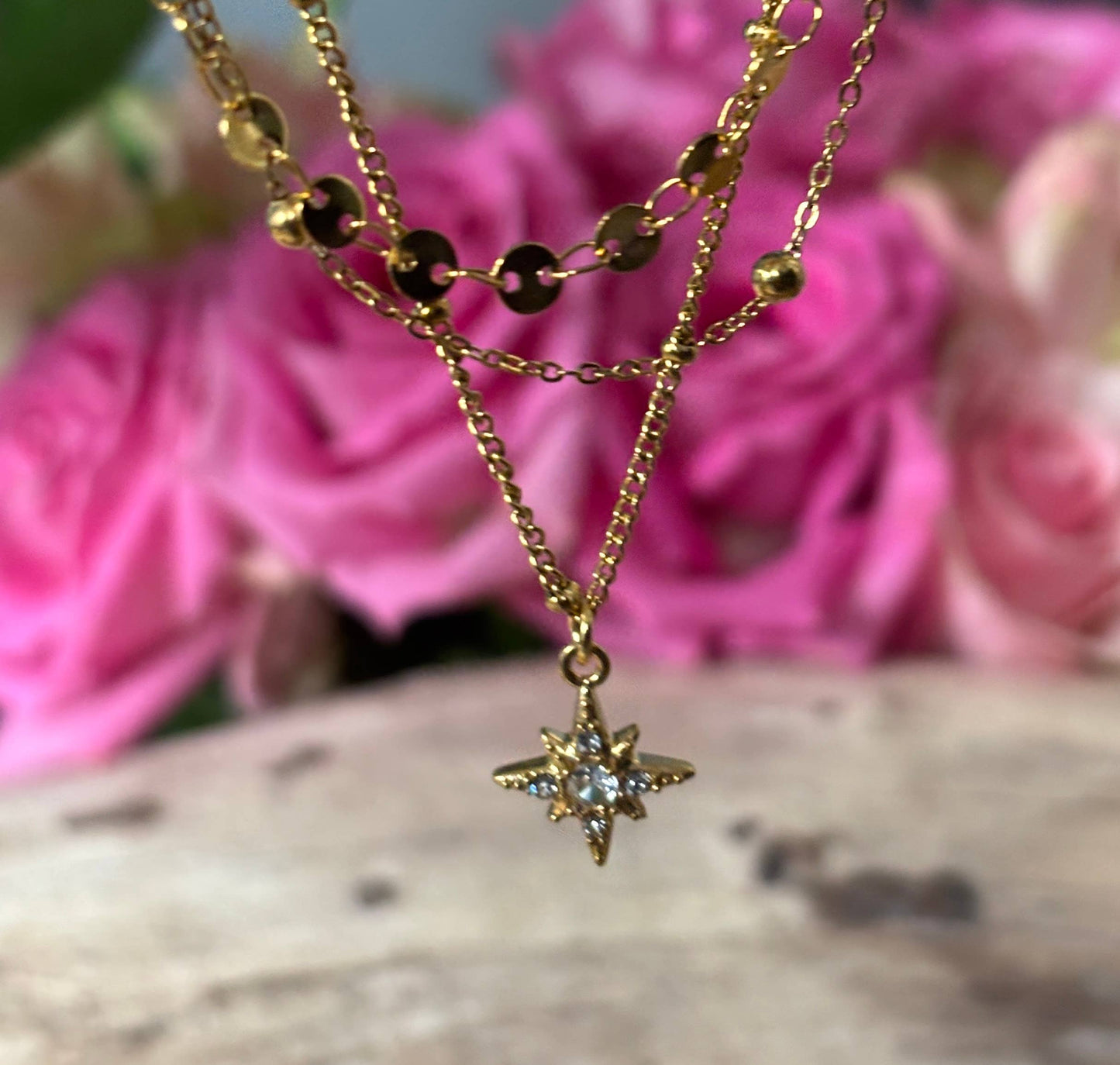 Ocean Ripples - 18ct Gold Plated Triple Chain Star Necklace 
