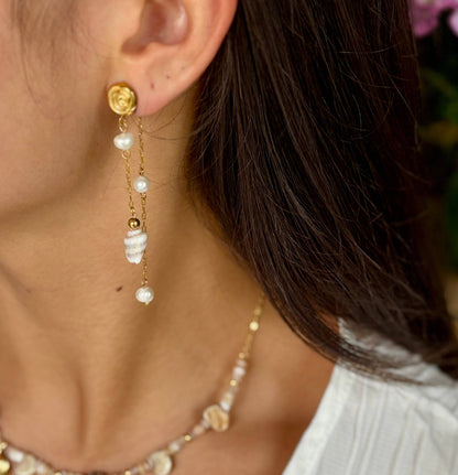 Ocean Ripples - 18ct Gold Plated Pearl Shell Dangle Earrings  
