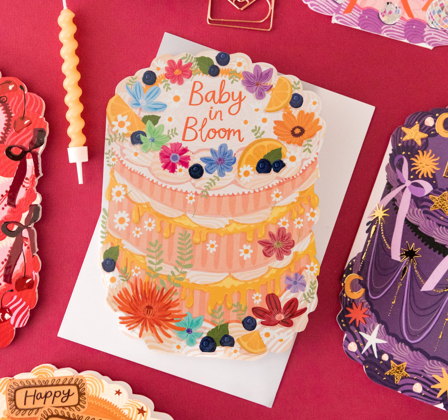 Two For Joy Illustration - Baby in Bloom - Cake Shaped Greeting Card for Baby Shower