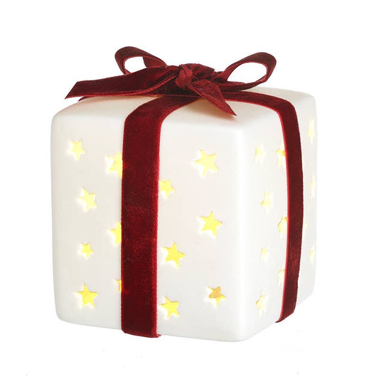 Heaven Sends - WHITE CERAMIC LED PRESENT WITH BOW ORN