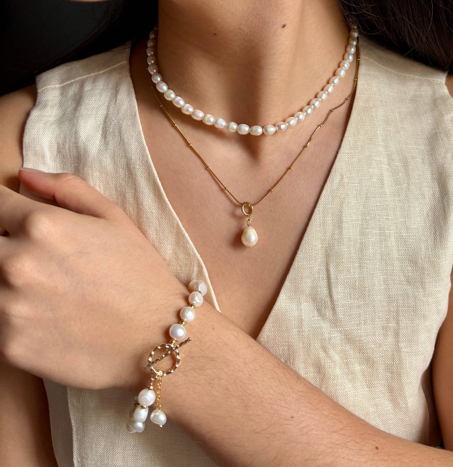 Ocean Ripples - 14ct Gold Plated Fresh Water Pearl T Bar Bracelet