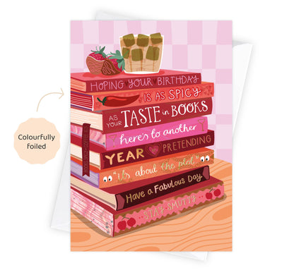 Two For Joy Illustration - Spicy Books & Ice Coffee - Foiled Bookish Birthday Card for a friend
