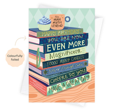 Two For Joy Illustration - Even More Magnificent Birthday - Bookish Birthday Card for Him - Foiled