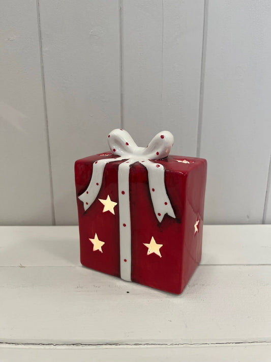 Red/White Ceramic Present With Led christmas ornament