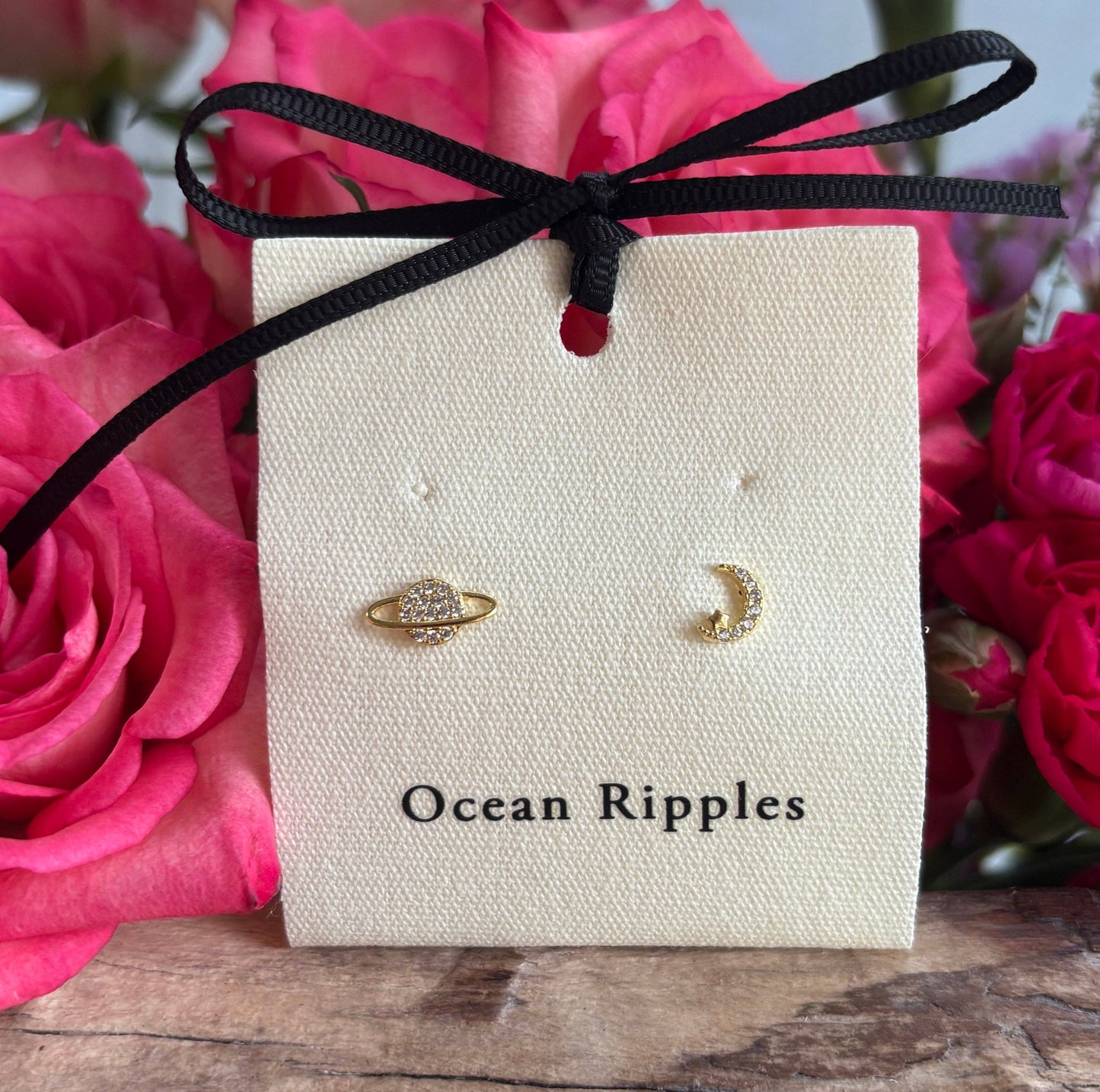 Ocean Ripples - 14ct Gold Plated Cubic Zirconia Mismatched Planet Earrings