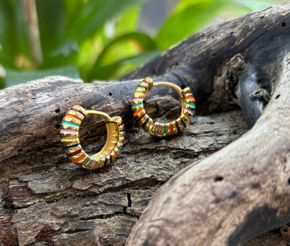 Ocean Ripples - 18ct Gold Plated Colourful Dome Huggie Earrings 