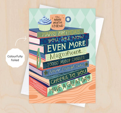 Two For Joy Illustration - Even More Magnificent Birthday - Bookish Birthday Card for Him - Foiled