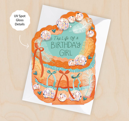 Two For Joy Illustration - The Life of a Birthday Girl - Cake Shaped Greeting Card