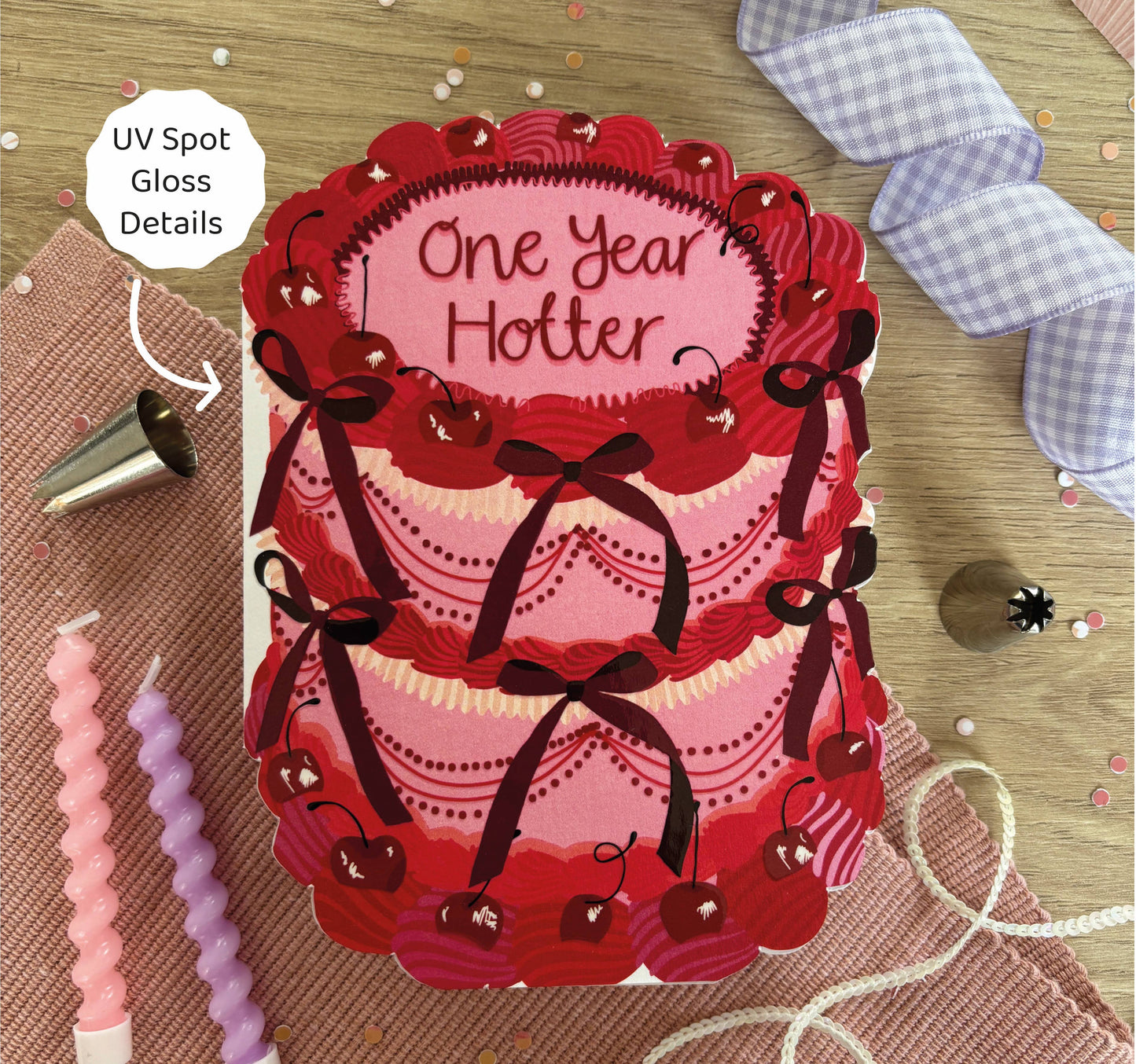 Two For Joy Illustration - One Year Hotter - Birthday Cake Shaped Greeting Card
