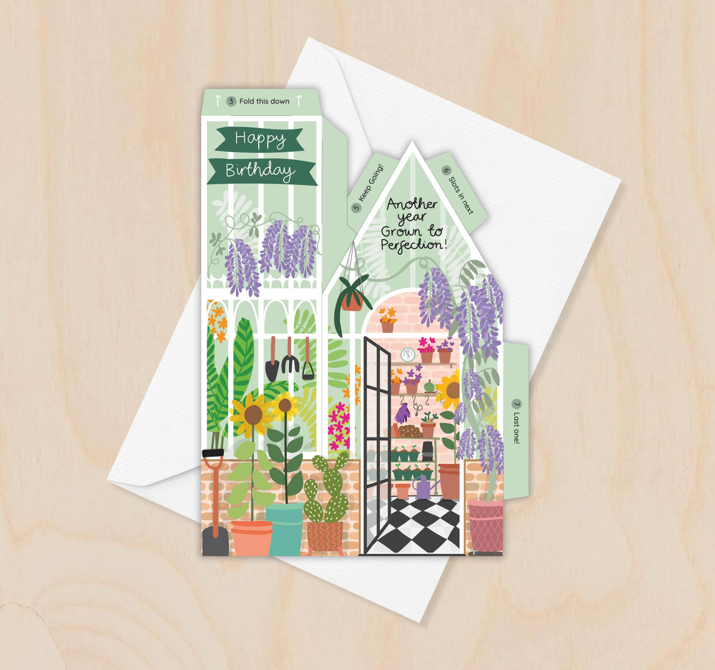Two For Joy Illustration - Greenhouse Birthday Card – 3D Slot Together Greeting Card