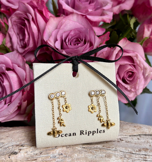 Ocean Ripples - 18ct Gold Plated Cubic Zirconia Honeybee Charm Drop Earrings