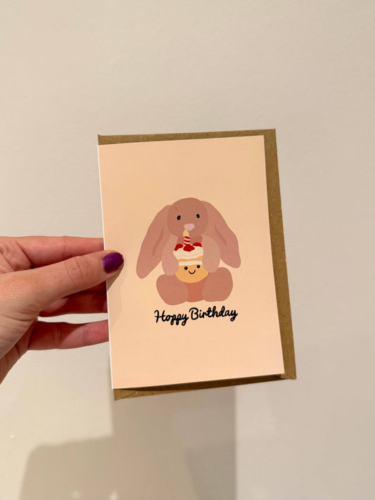 Gallerybylara - "Hoppy Birthday" birthday card. Bunny and cake - Jellycat inspired