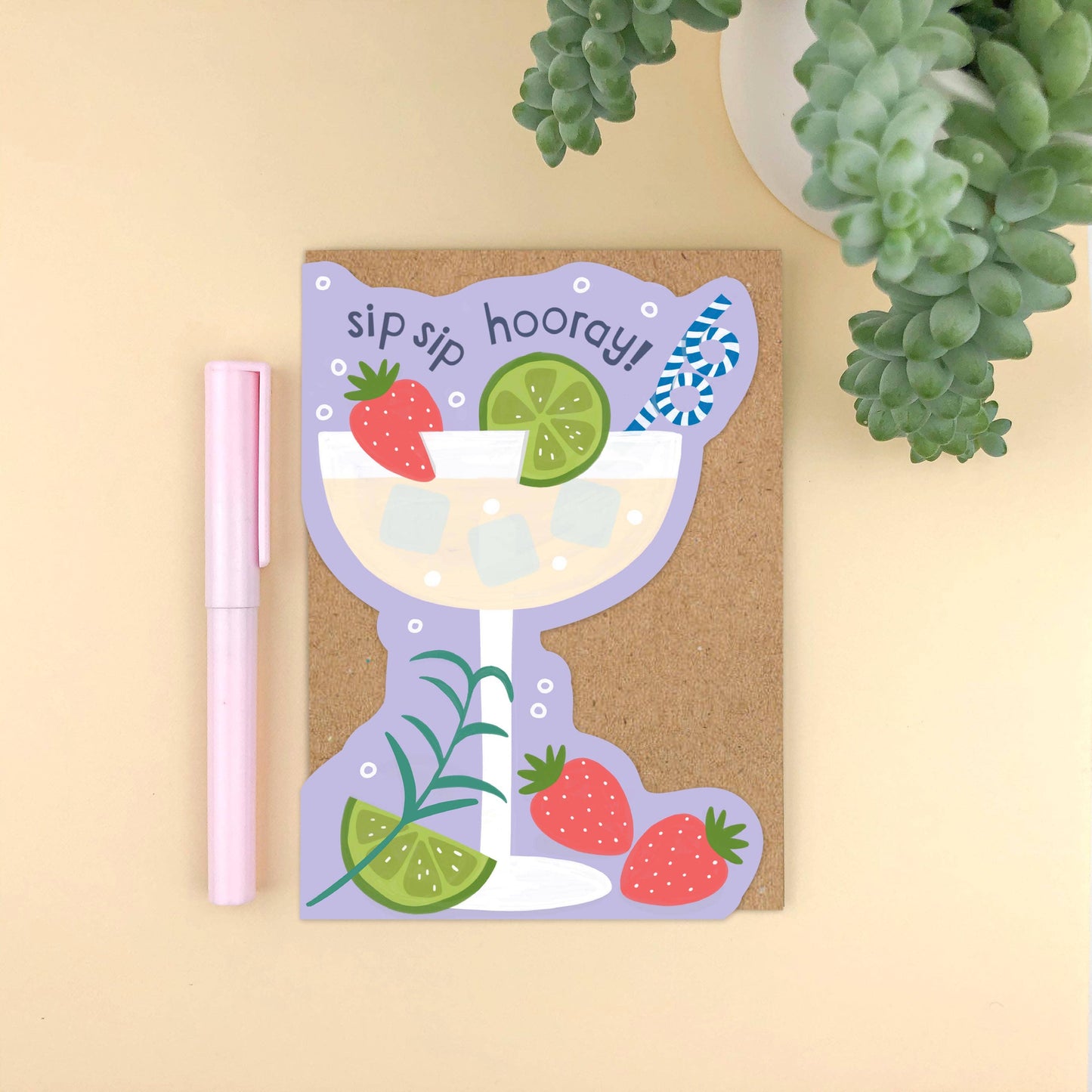 Zoe Spry - Shaped Cocktail 'Sip Sip Hooray!' die cut celebratory card