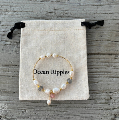 Ocean Ripples - 14ct Gold Plated Fresh Water Pearl Moonstone Elastic Bracele