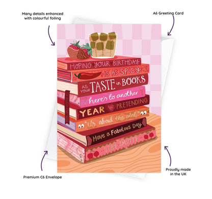 Two For Joy Illustration - Spicy Books & Ice Coffee - Foiled Bookish Birthday Card for a friend