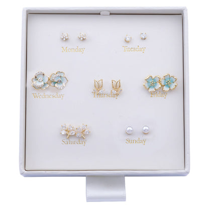 White Leaf - 7 Days Floral Earrings Box Set in Gold