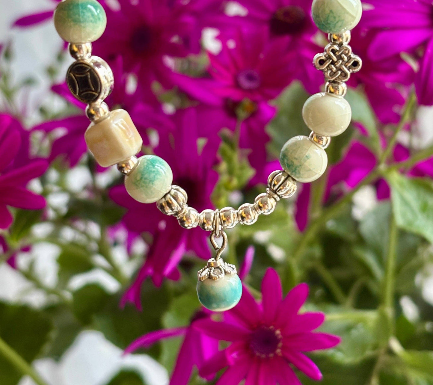 Ocean Ripples - Ceramic Beads Bracelet With Charm - Cracked Green