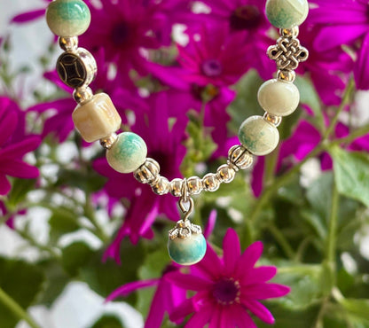Ocean Ripples - Ceramic Beads Bracelet With Charm - Cracked Green