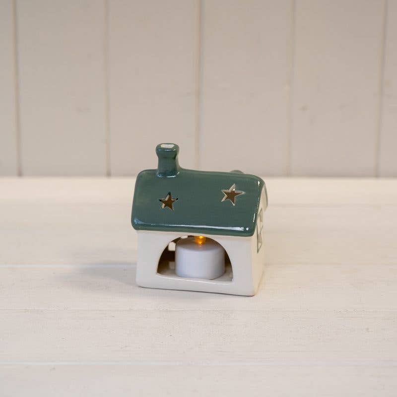 Satchville - White/Green Ceramic House Tealight