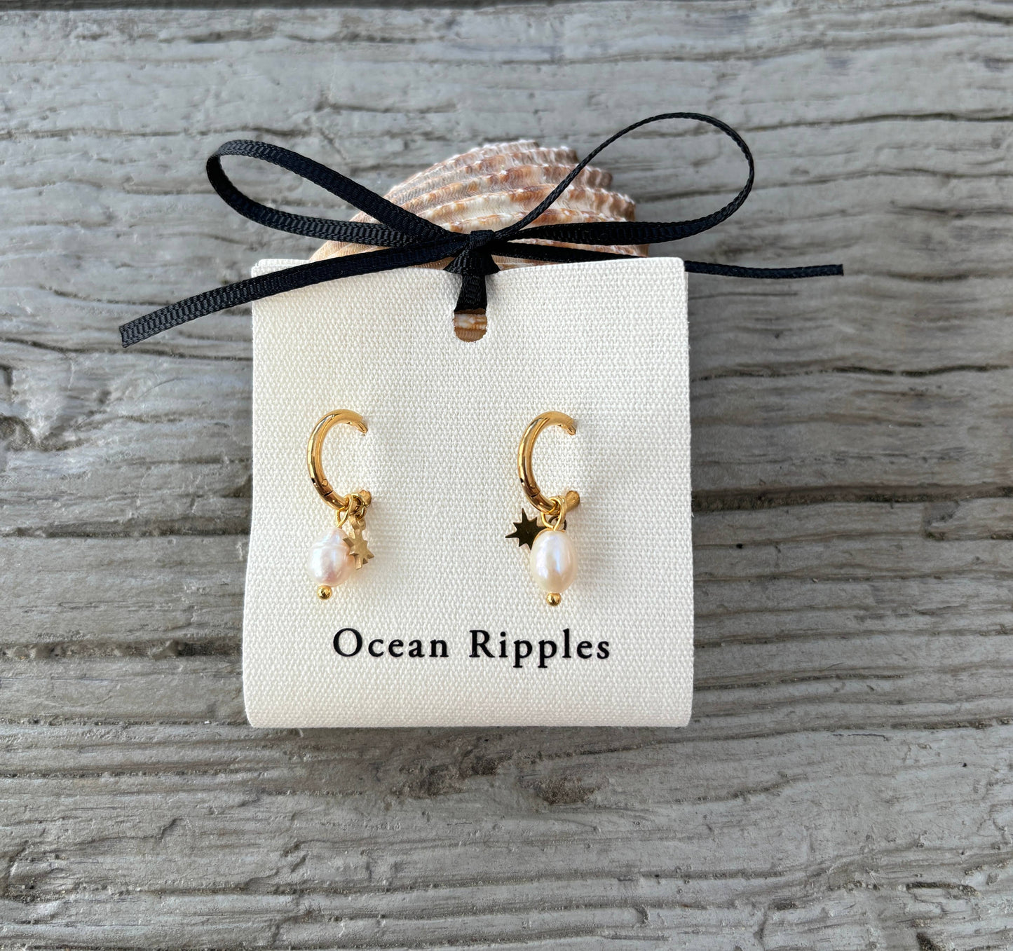 Ocean Ripples - 18ct Gold Plated Fresh Water Pearl Gold Star Huggie Earrings