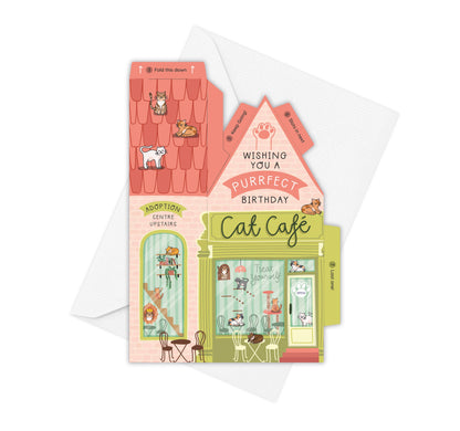 Two For Joy Illustration - Cat Cafe Birthday Card – 3D Slot Together Card Greeting Card