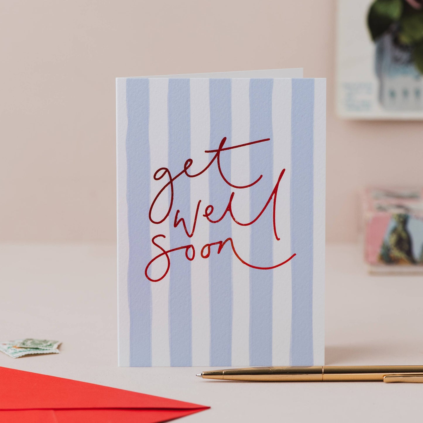 Oh Squirrel - 'Get Well Soon' Blue Stripe Card with Red Foil Lettering