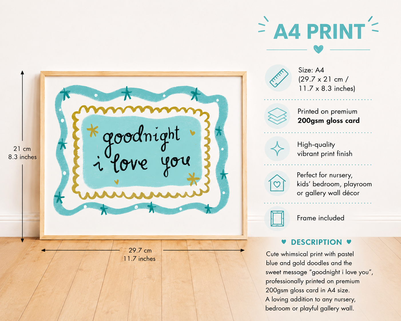 It's Lucy Doodles - Goodnight I love you boys Whimsical Wall Print blue