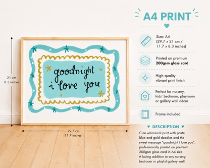 It's Lucy Doodles - Goodnight I love you boys Whimsical Wall Print blue