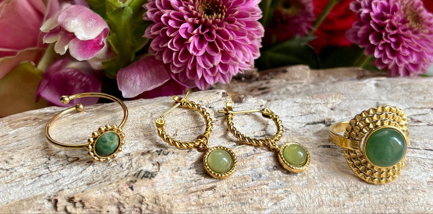Ocean Ripples - 18ct Gold Plated Aventurine Twisted Hoop Earrings