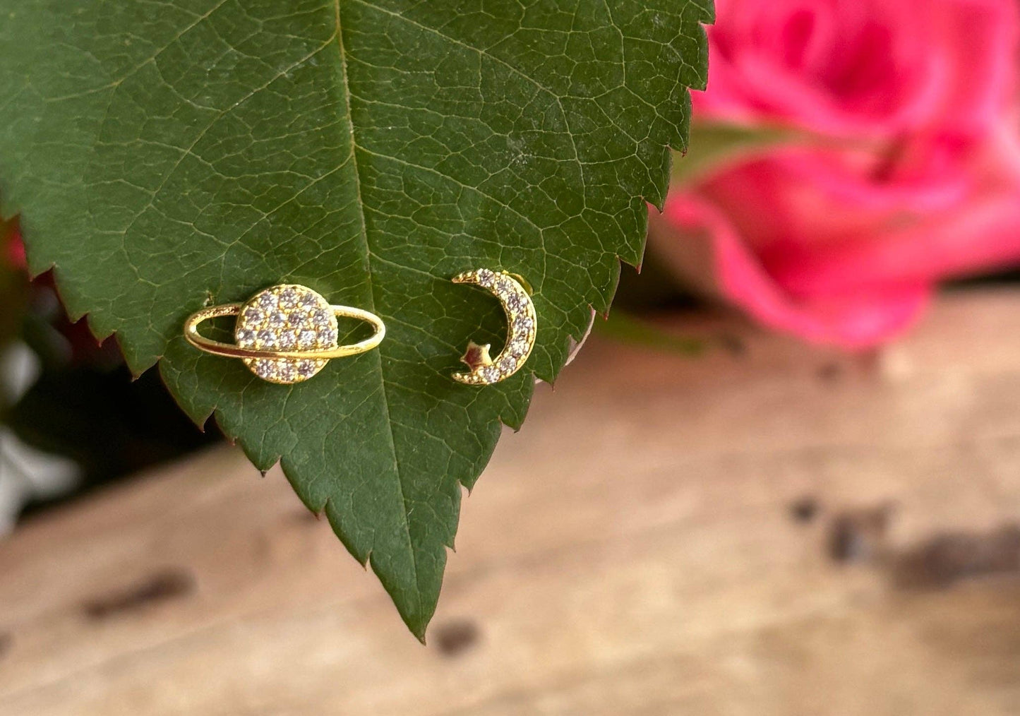 Ocean Ripples - 14ct Gold Plated Cubic Zirconia Mismatched Planet Earrings