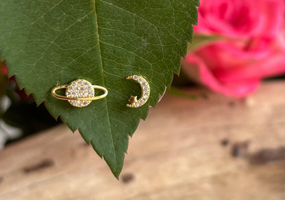 Ocean Ripples - 14ct Gold Plated Cubic Zirconia Mismatched Planet Earrings