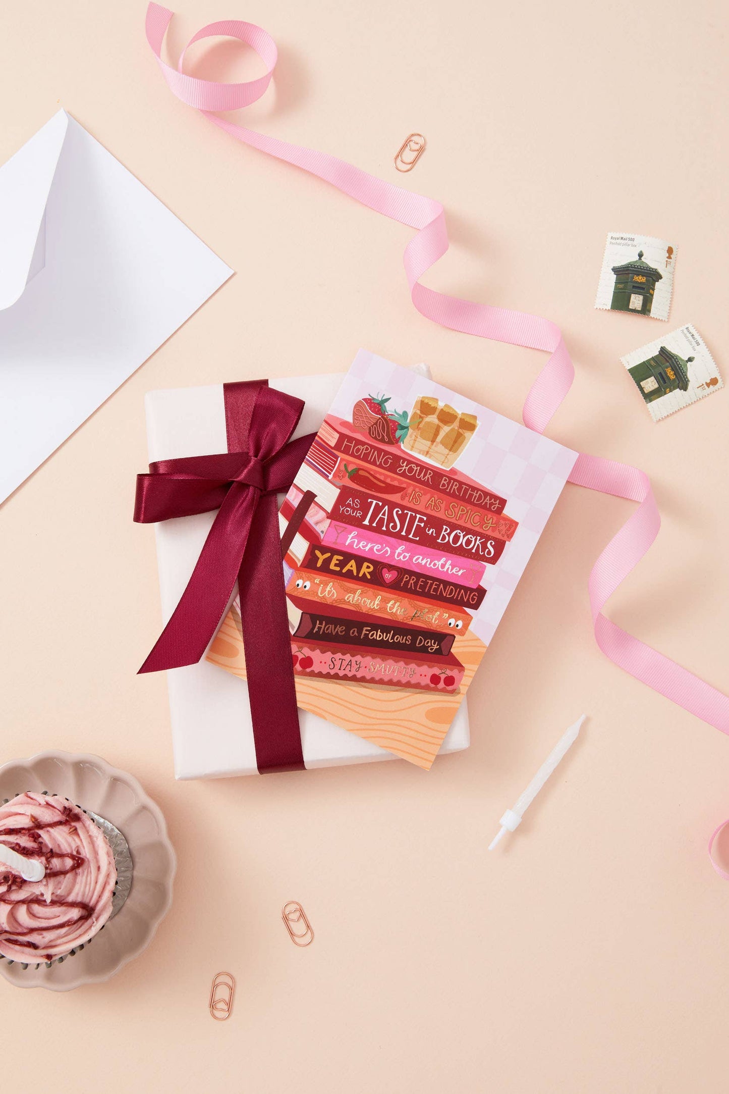 Two For Joy Illustration - Spicy Books & Ice Coffee - Foiled Bookish Birthday Card for a friend