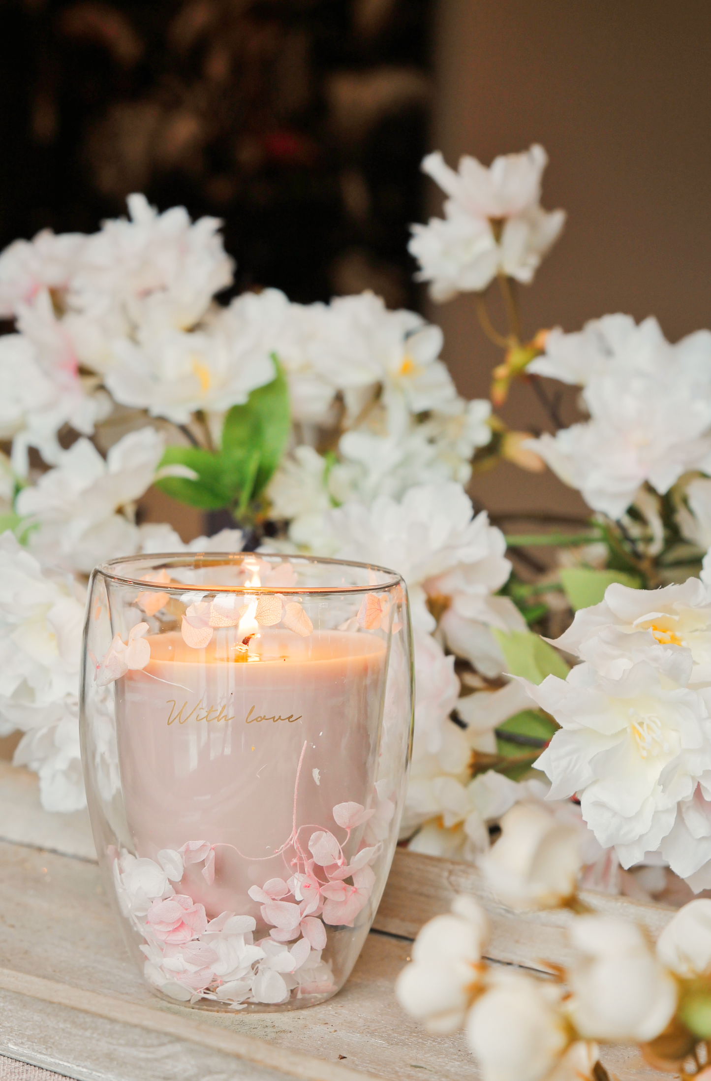 DM Brands Ltd - My Flame Lifestyle Double wall flower candle Pink, white With love - CLEARANCE